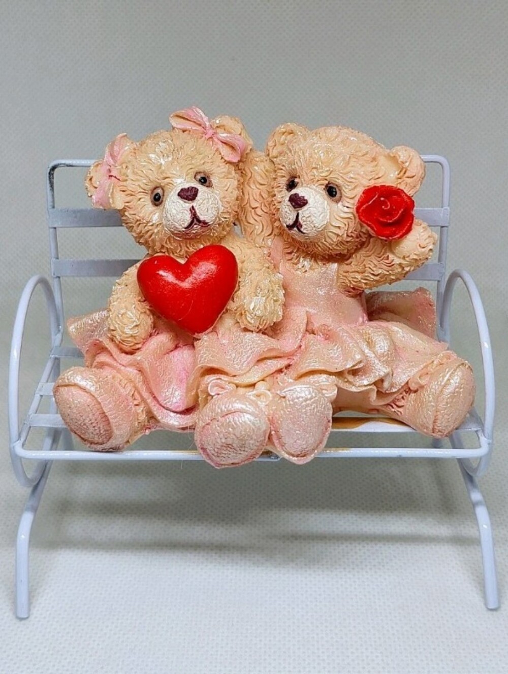 Pink Twin Ballerina Teddy Bears Holding Heart Figurine